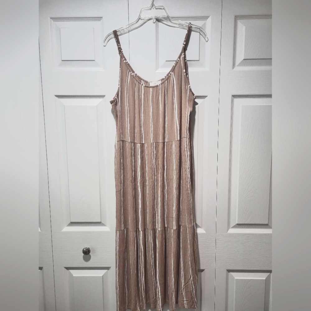 LOFT Tan/white Tiered Gauze Spaghetti Strap Dress, Size XL